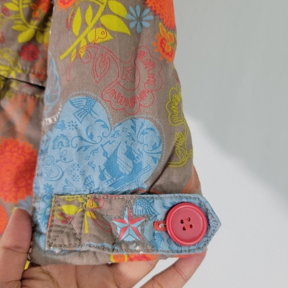 Villa Happ Girls Orange Floral Bomber Jacket Sz 8 Double Breasted Quilted Line - Picture 7 of 12